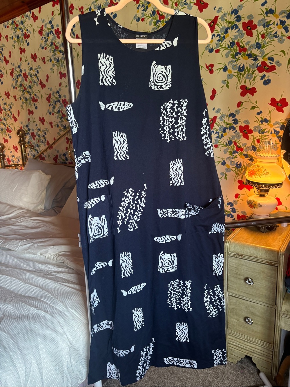 I.G. Sport 1X navy white abstract print cotton maxi dress pockets lagenlook